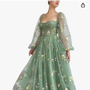 Puffy Sleeve Prom Dress Flower Embroidery Tulle Formal Evening Party Gown
